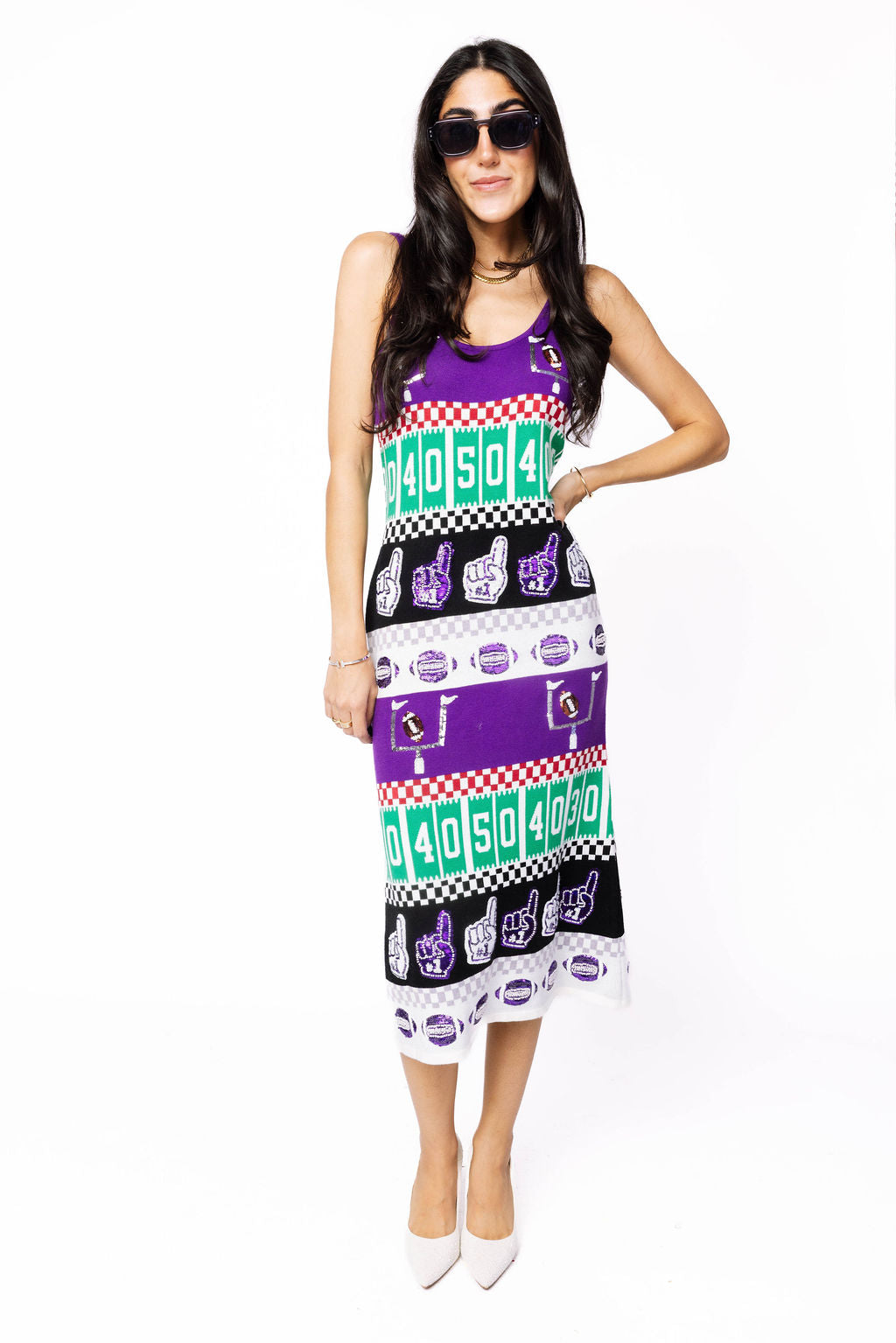 SAMPLE - Purple & White Colorblock Football Icon Knit Midi Dress