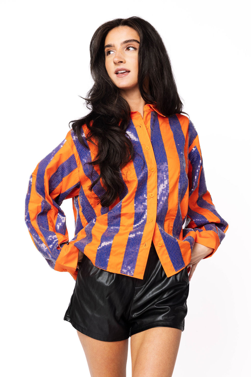 SAMPLE - Orange & Navy Sequin Striped LS Button Down