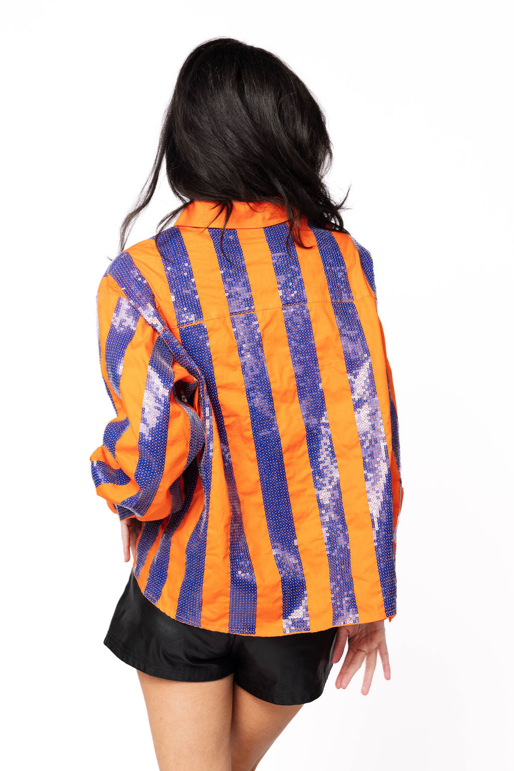 SAMPLE - Orange & Navy Sequin Striped LS Button Down