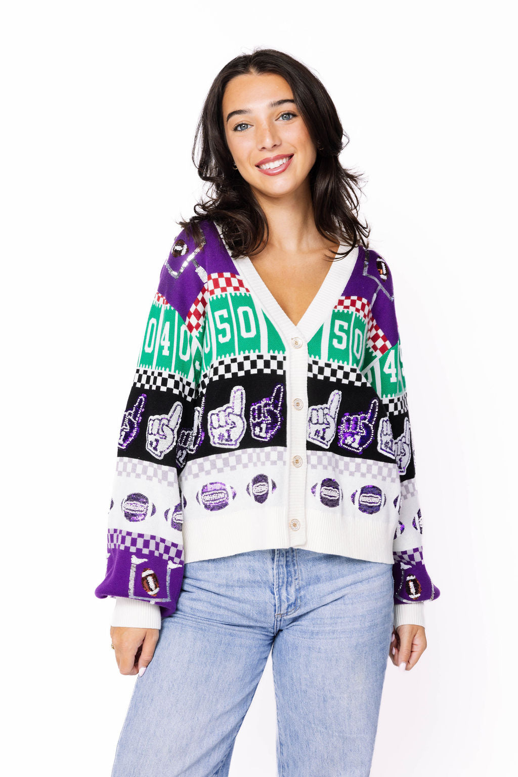 SAMPLE - Purple & White Colorblock Football Icon Cardigan