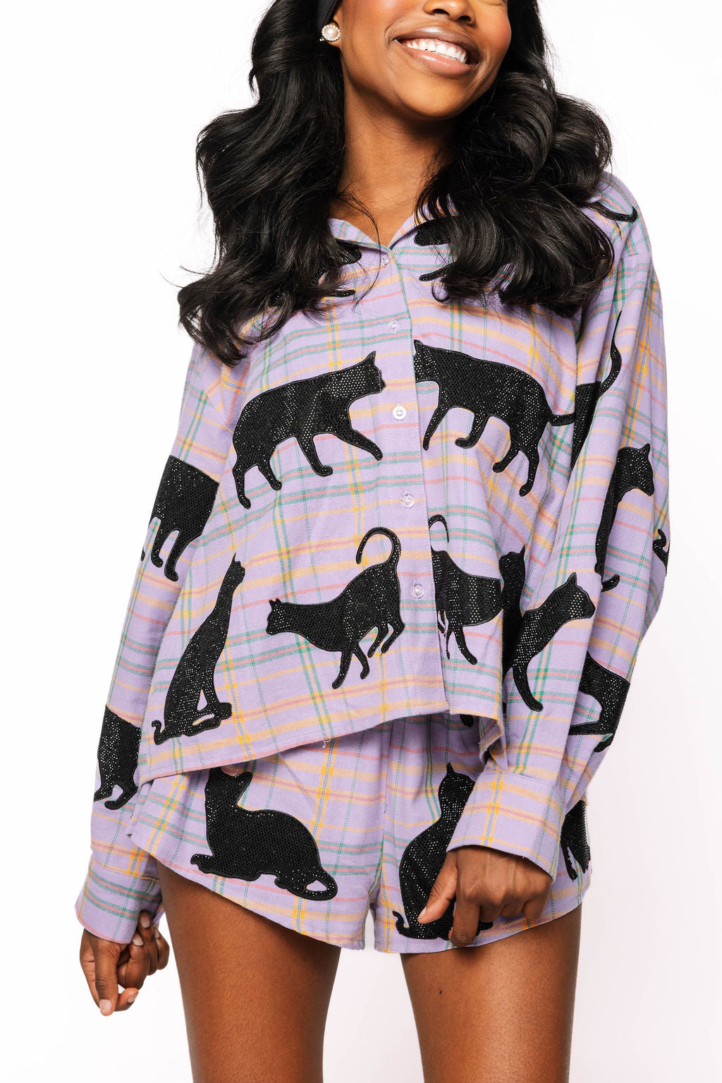 Sample Purple & Orange Plaid Rhinestone Black Back Cat Top/Short Set