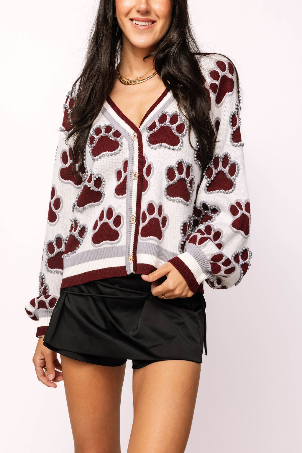 Licensed Mississippi State Knit In Mascot Rhinestone Cardigan