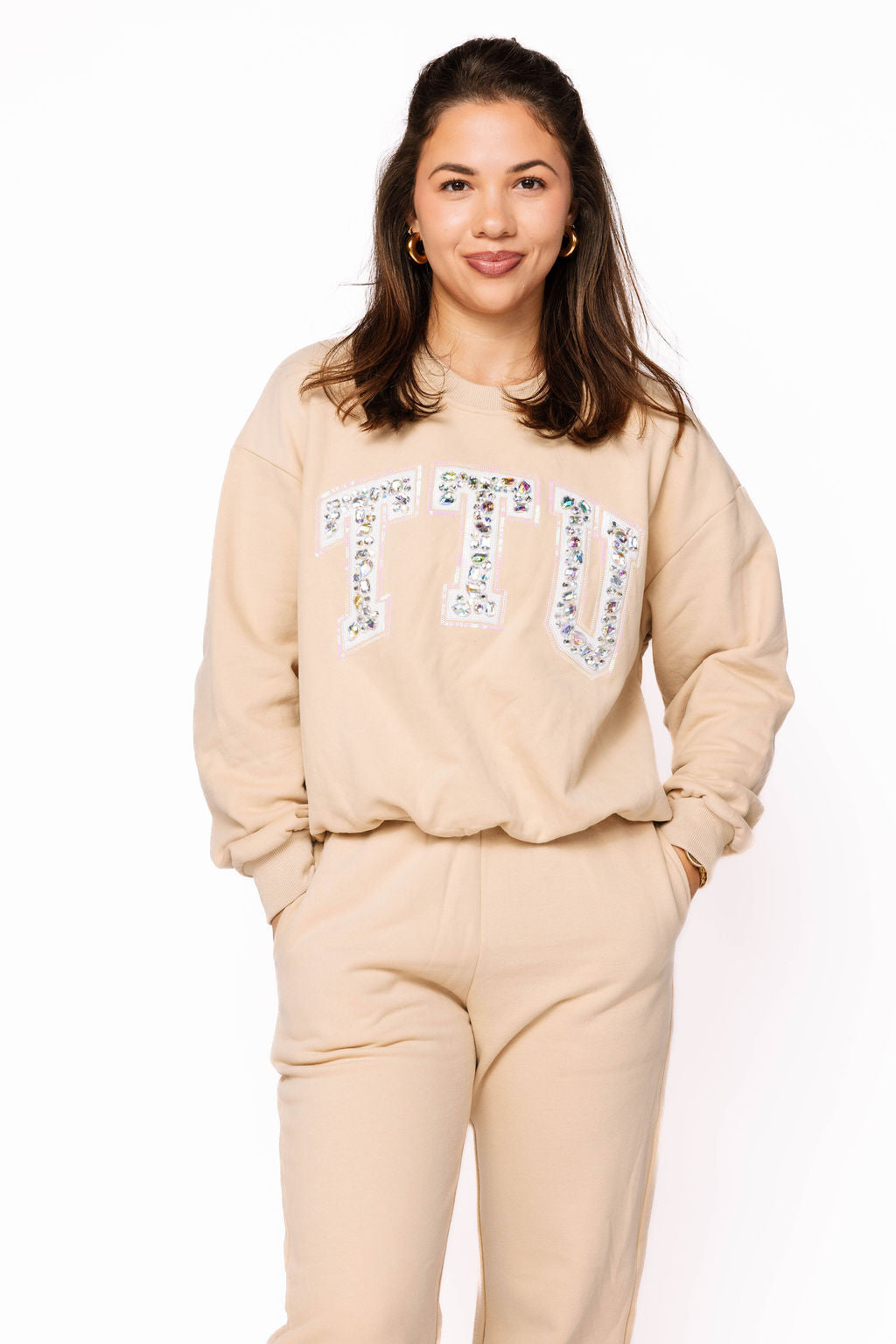 Licensed Sample - TTU Tan W/ White Jewel Letter Sweatshirt/Pant SET