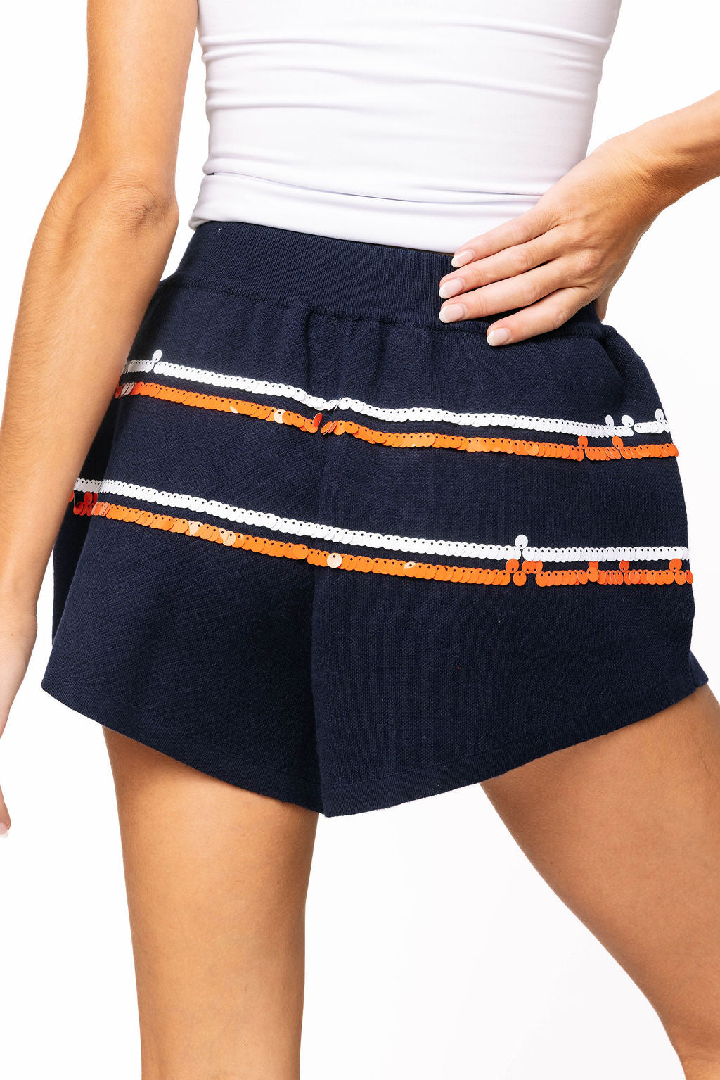 Sample - Navy, White & Orange Skinny Stripe Shorts