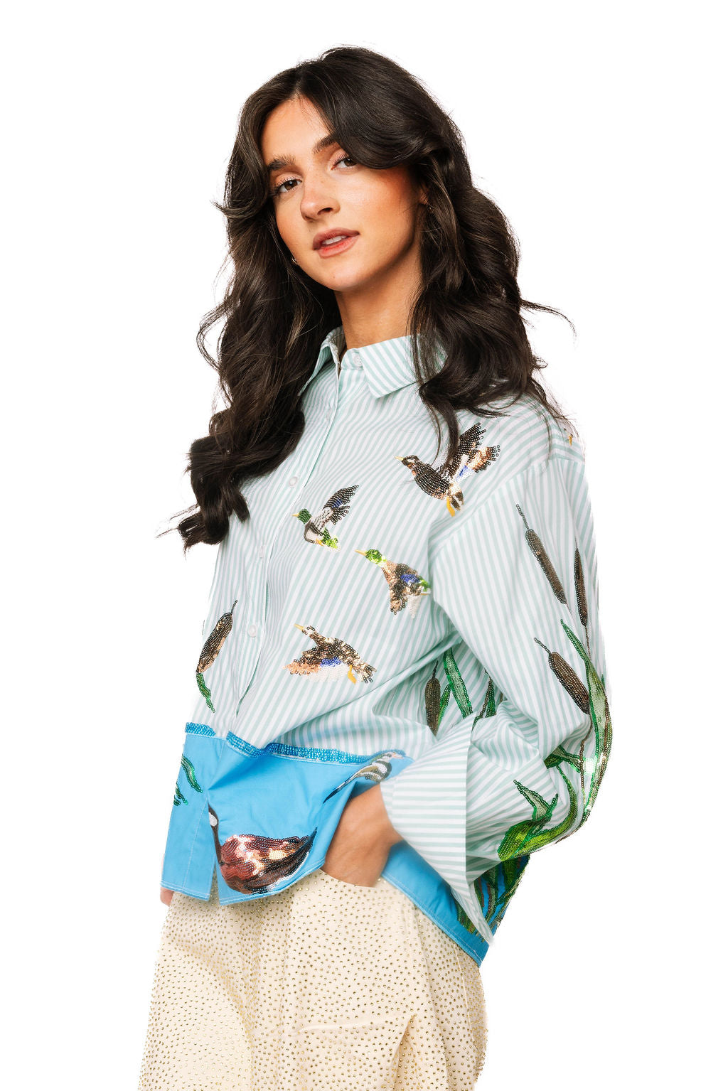 Striped Ducks in Pond Button Up Top