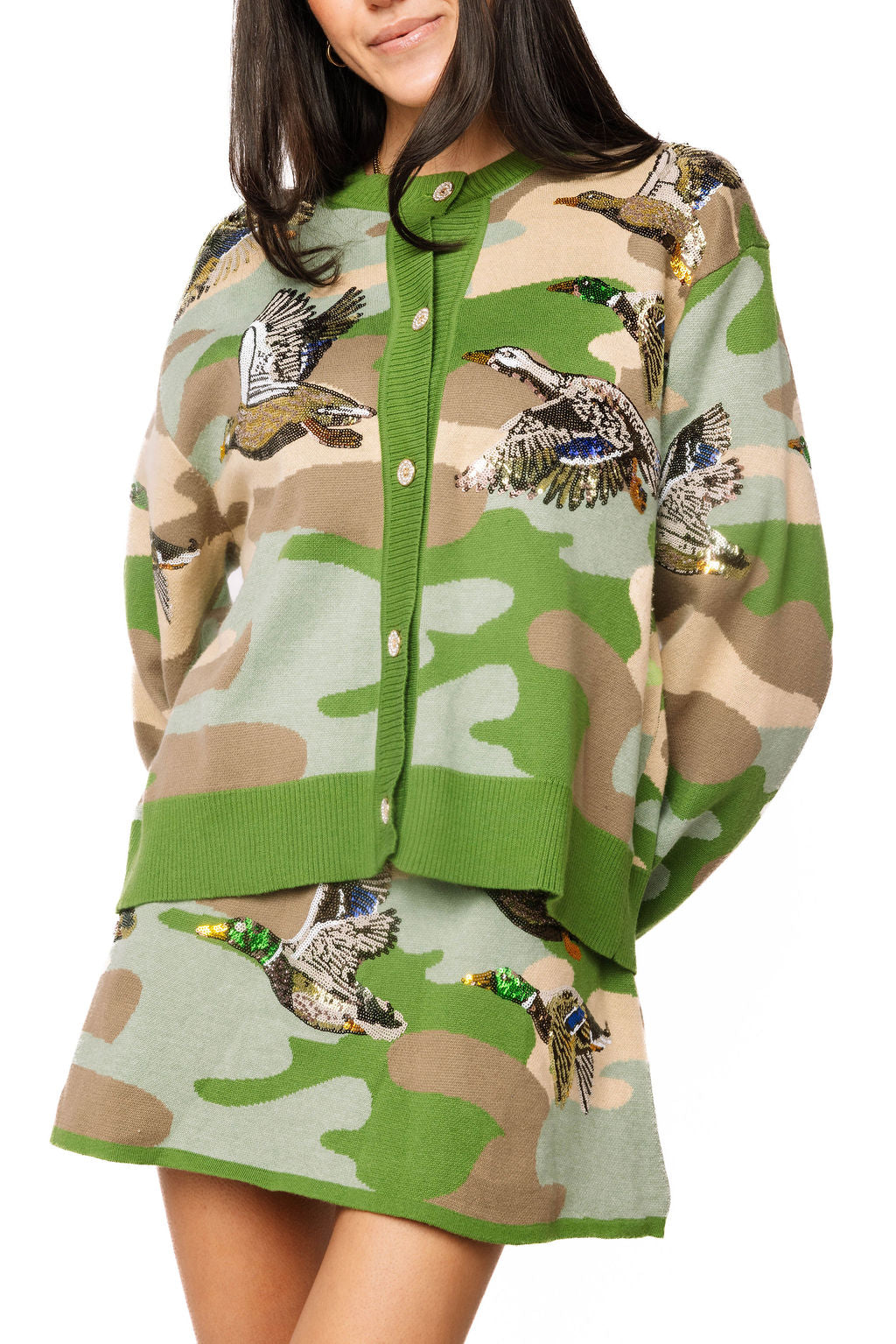 Green Camo Ducks Flying Cardigan