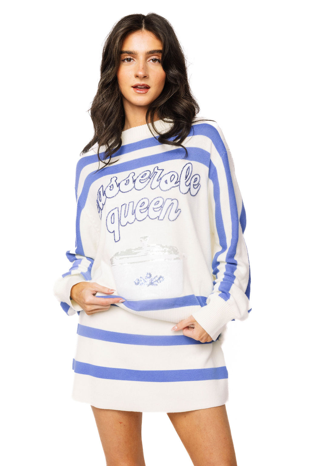 White & Blue 'Casserole Queen' Striped Sweater