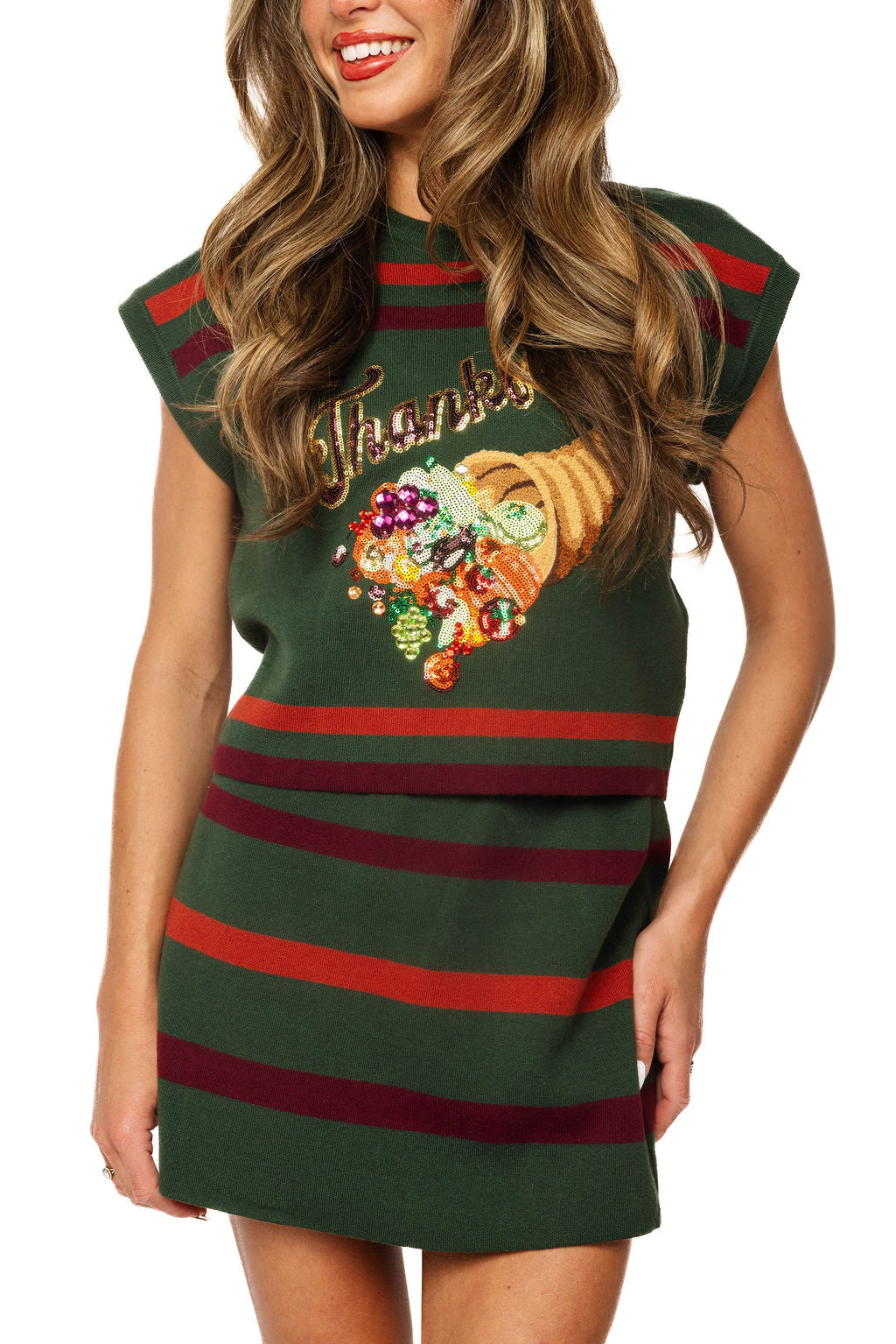 Dark Green 'Thankful' Cornucopia Stripe Knit Top