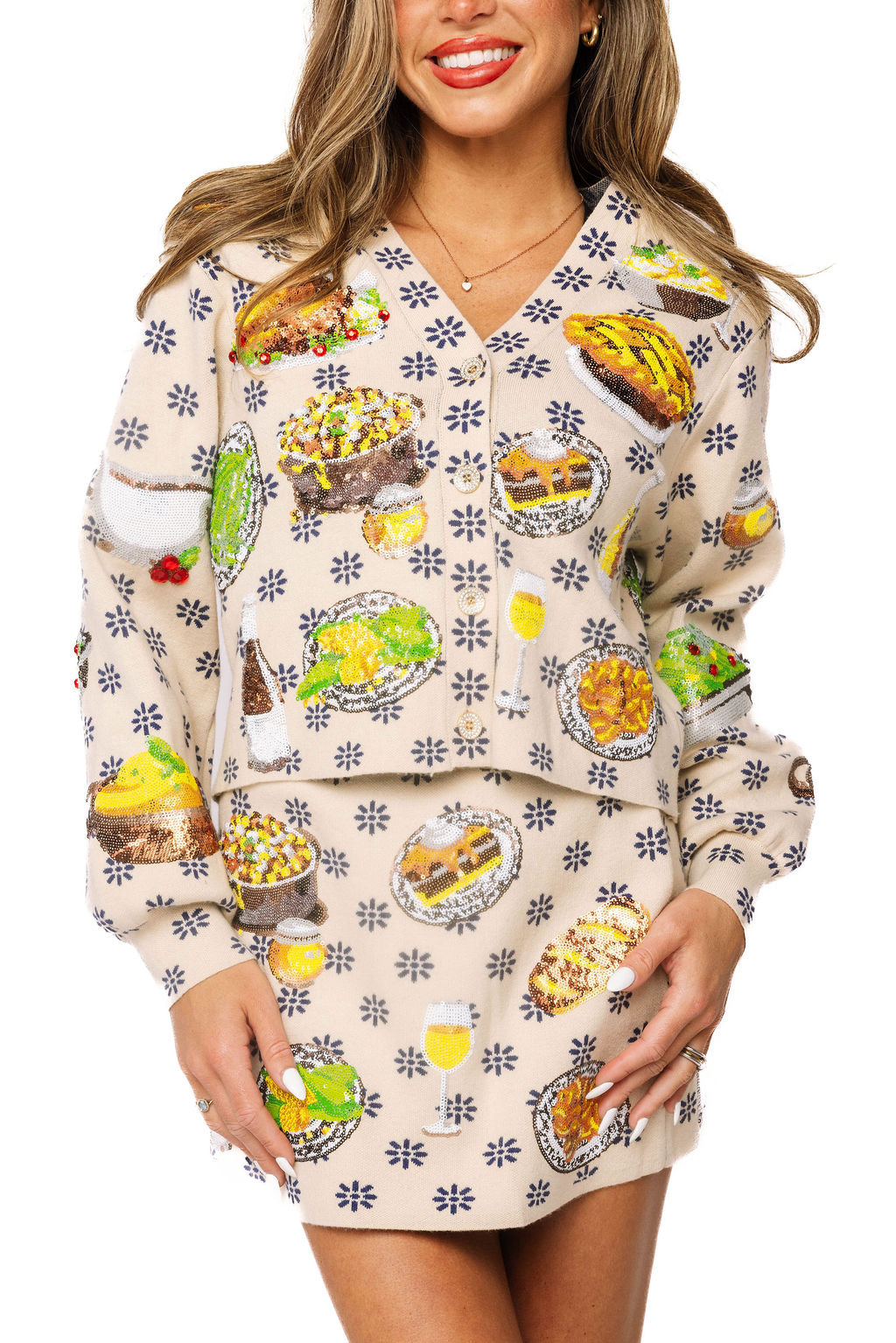 Ivory Flower Print Thanksgiving Meal Button Up Cardigan