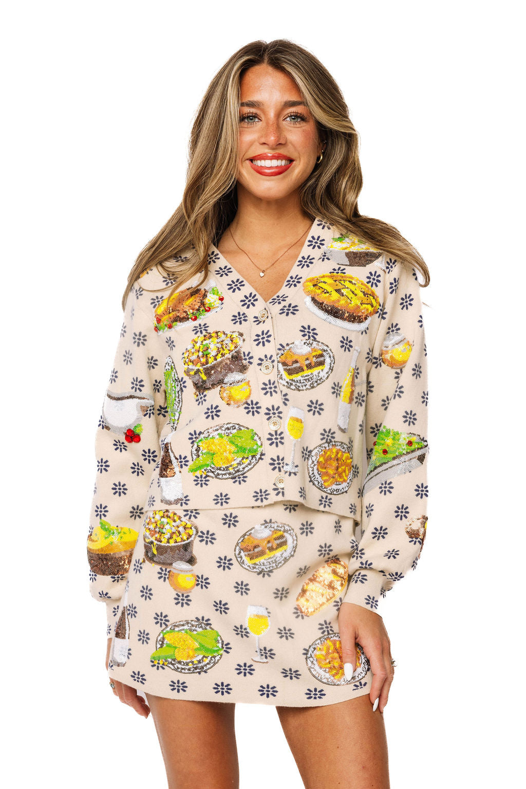Ivory Flower Print Thanksgiving Meal Button Up Cardigan