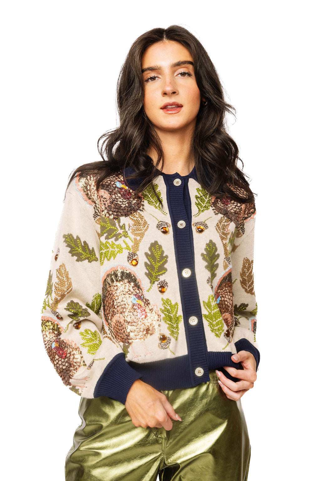 Navy Trim Button Up Turkey, Leaf & Acorn Button Up Cardigan