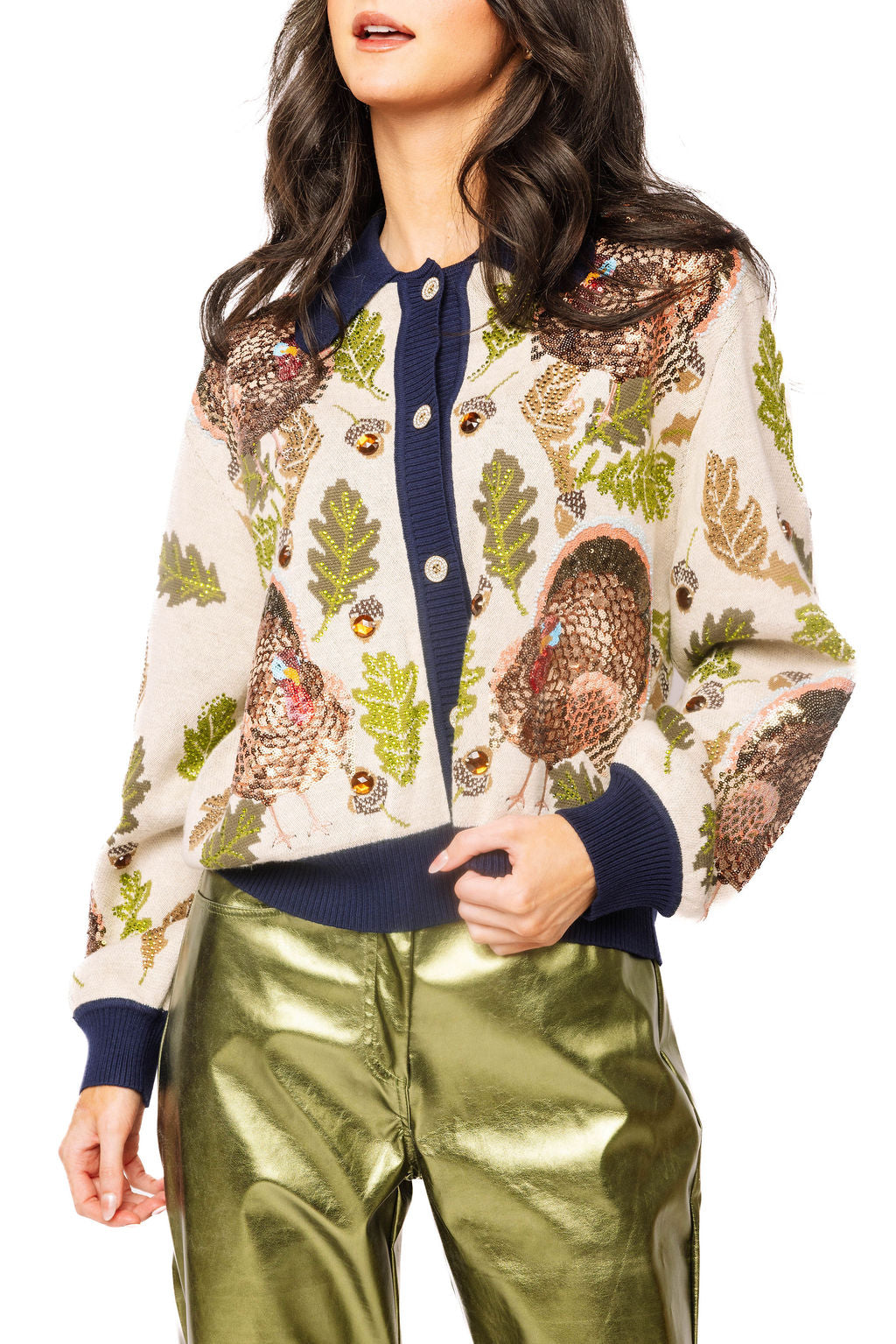 Navy Trim Button Up Turkey, Leaf & Acorn Button Up Cardigan