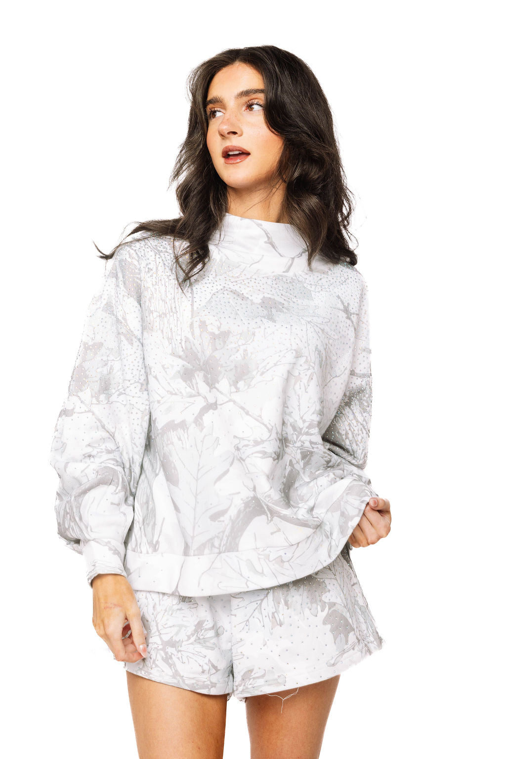 Grey Rhinestone Forest Camo Mockneck Sweatshirt