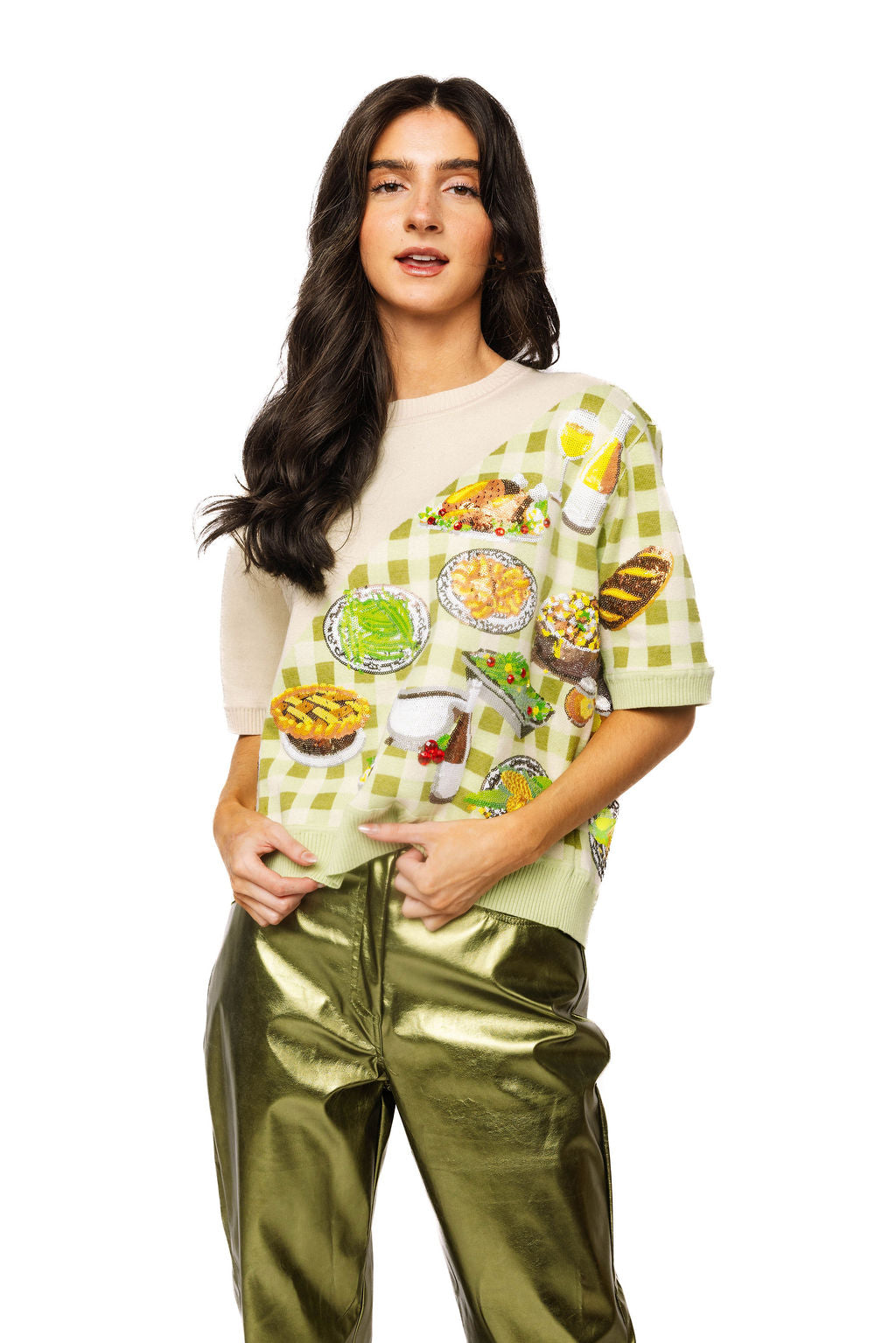 Ivory & Green Gingham Colorblock Thanksgiving Meal Knit Top