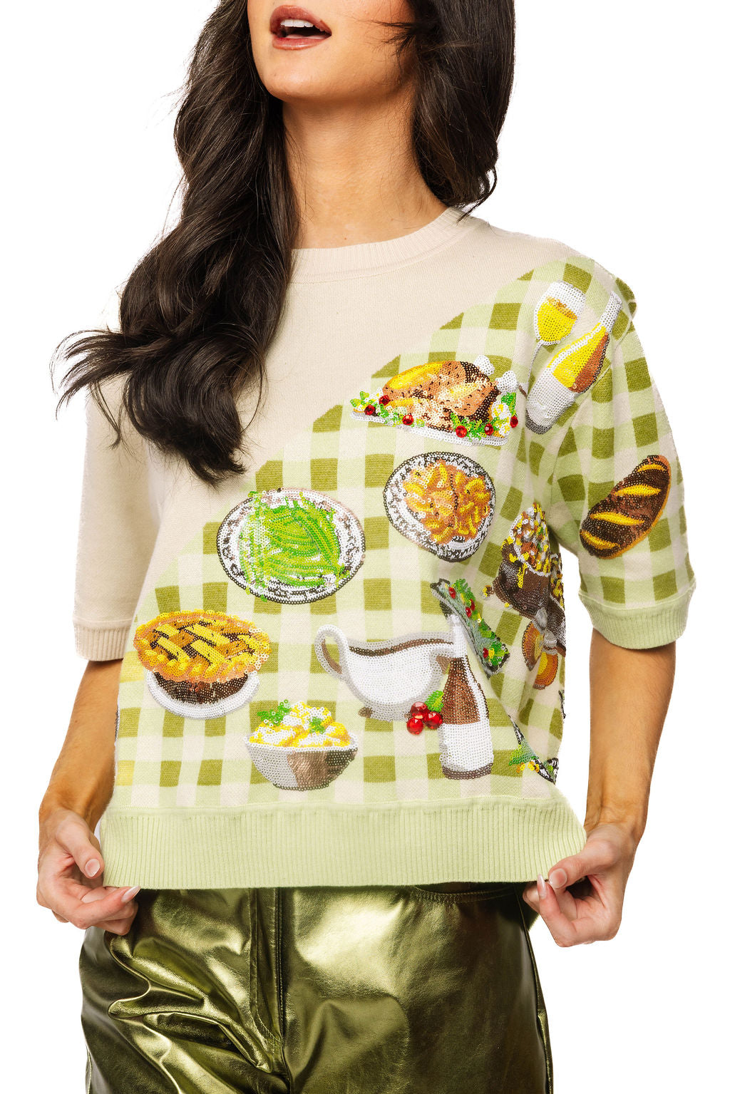 Ivory & Green Gingham Colorblock Thanksgiving Meal Knit Top