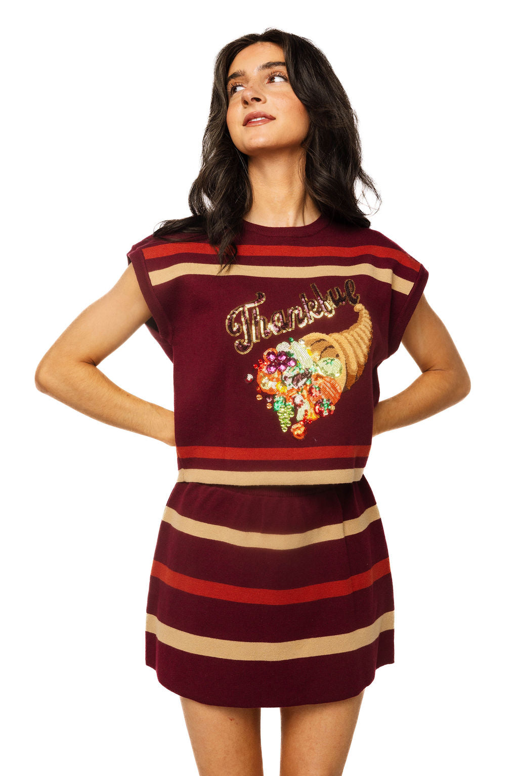 Maroon 'Thankful' Cornucopia Stripe Knit Top
