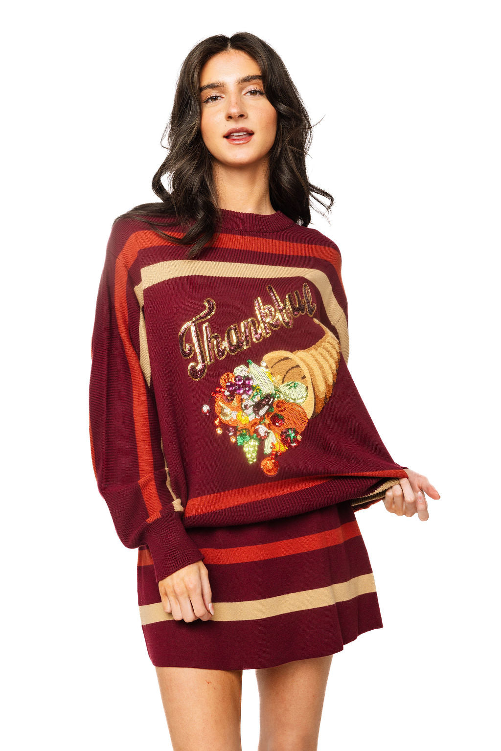 Maroon 'Thankful' Cornucopia Stripe Sweater