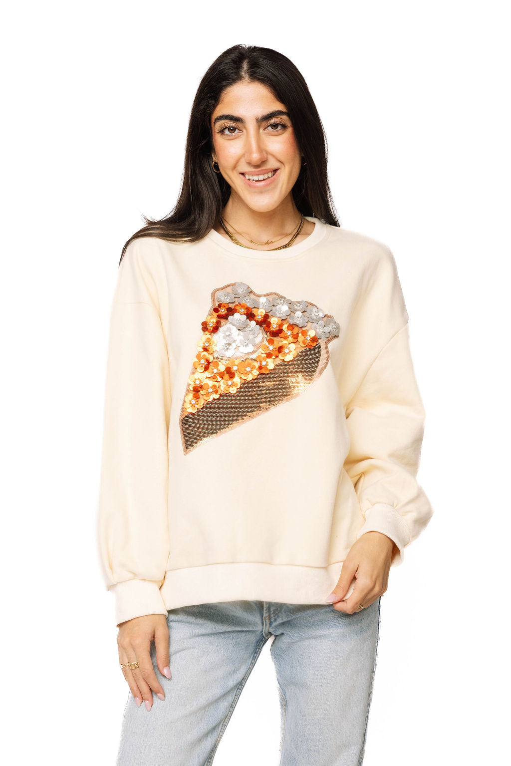 Beige Sequin Flower Pie Slice Sweatshirt