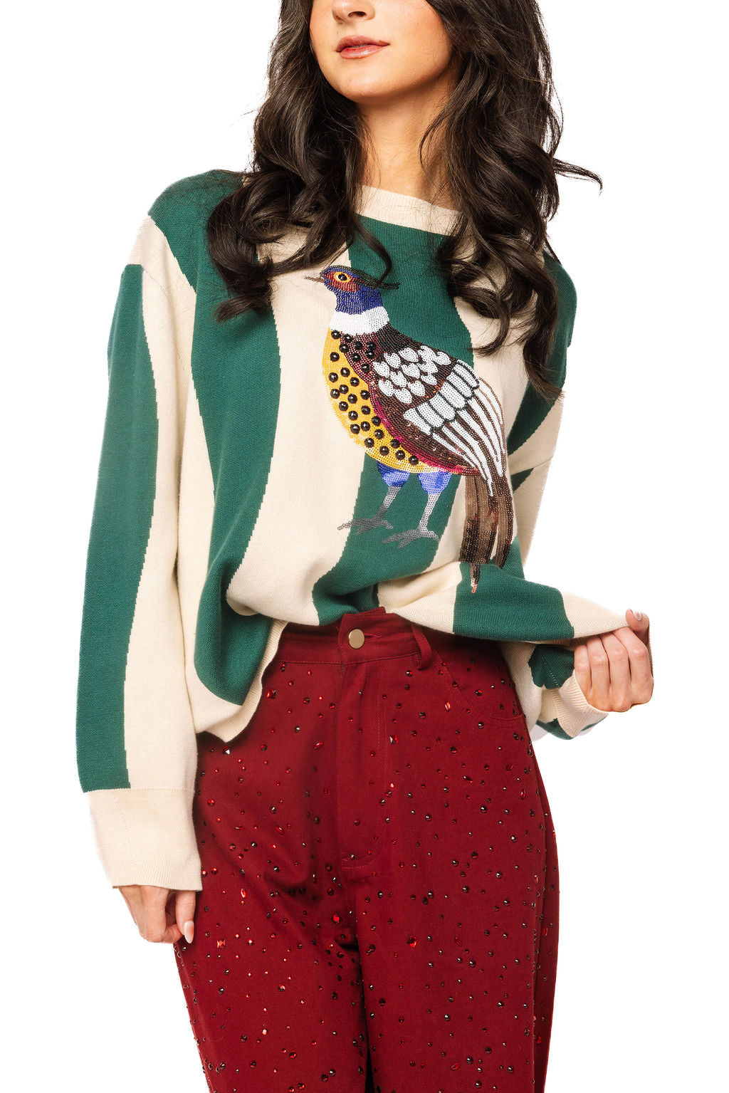 Teal & Beige Wavy Stripe Pheasant Sweater