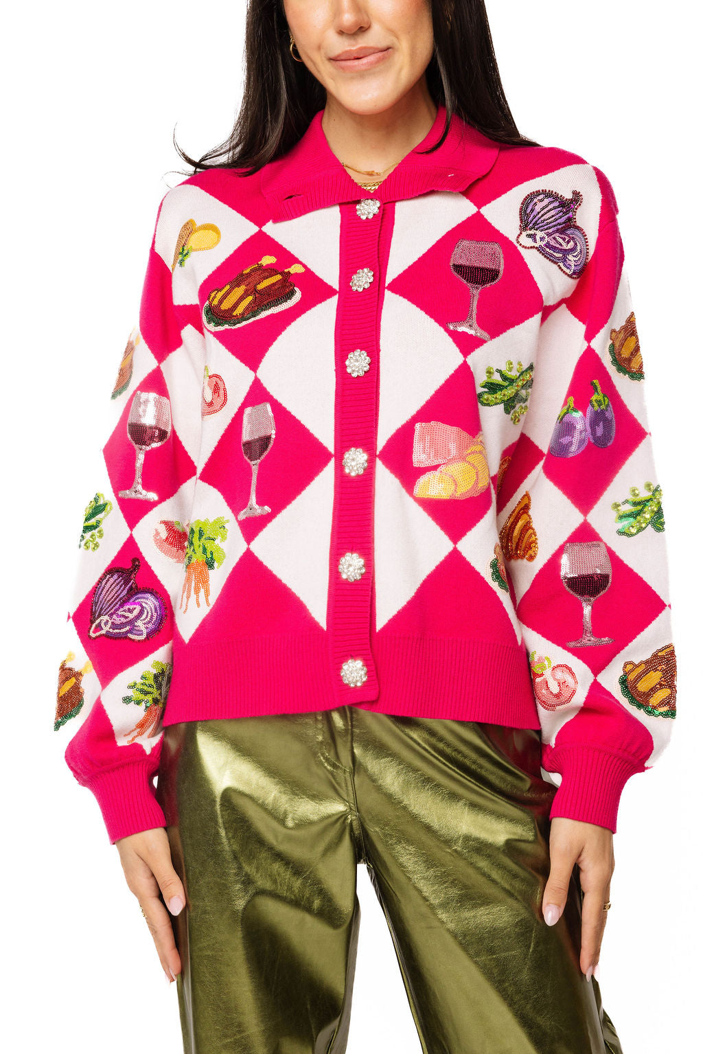 Pink Diamond Print Thanksgiving Dinner Button Up Sweater