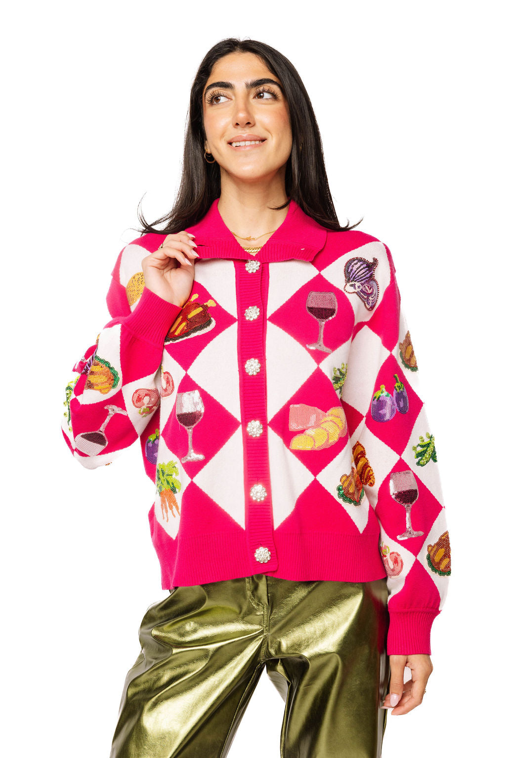 Pink Diamond Print Thanksgiving Dinner Button Up Sweater