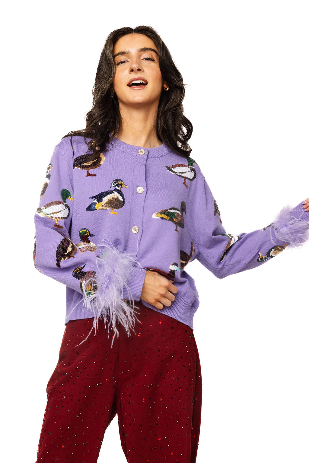 Purple Multi Ducks Feather Sleeve Button Up Cardigan