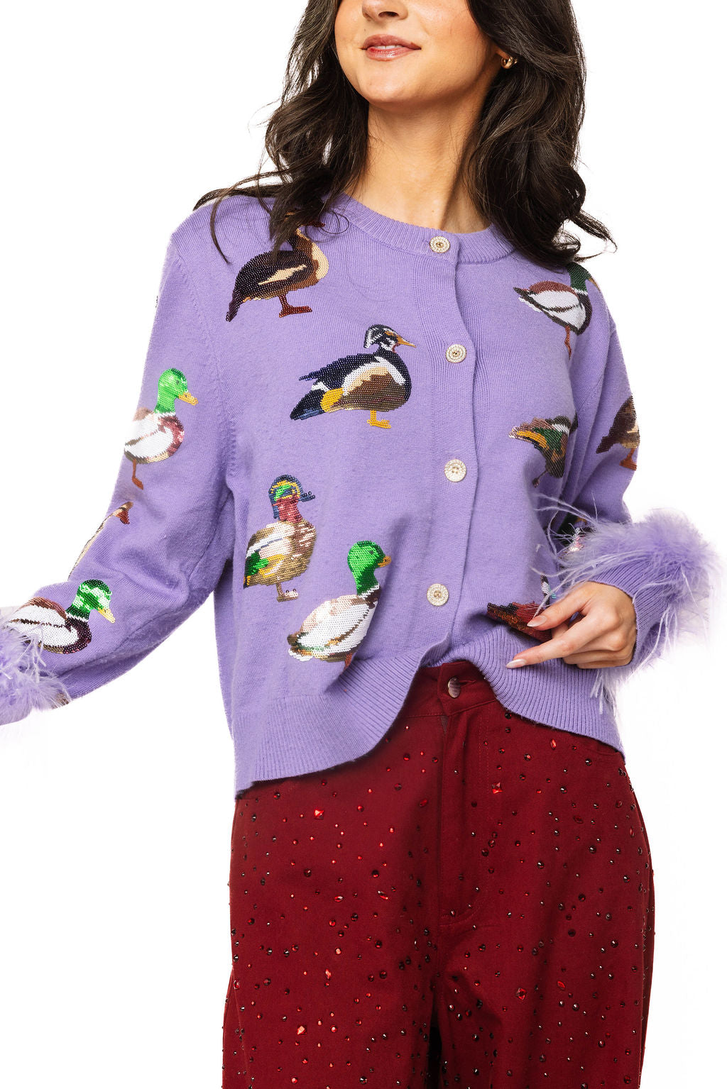 Purple Multi Ducks Feather Sleeve Button Up Cardigan