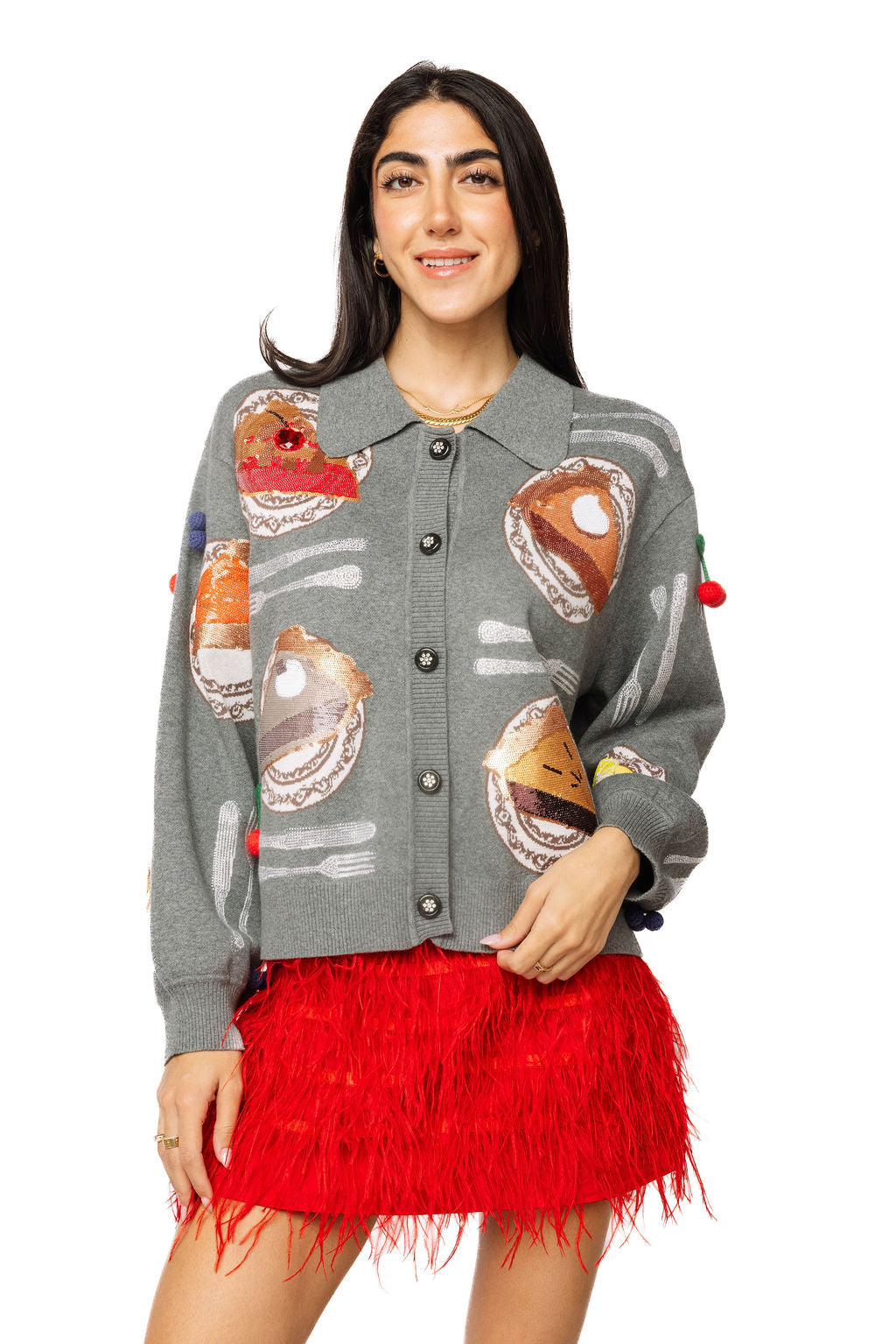 Charcoal Pie on Plates Button Up Collar Cardigan