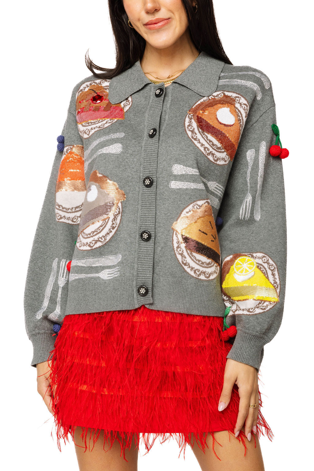 Charcoal Pie on Plates Button Up Collar Cardigan