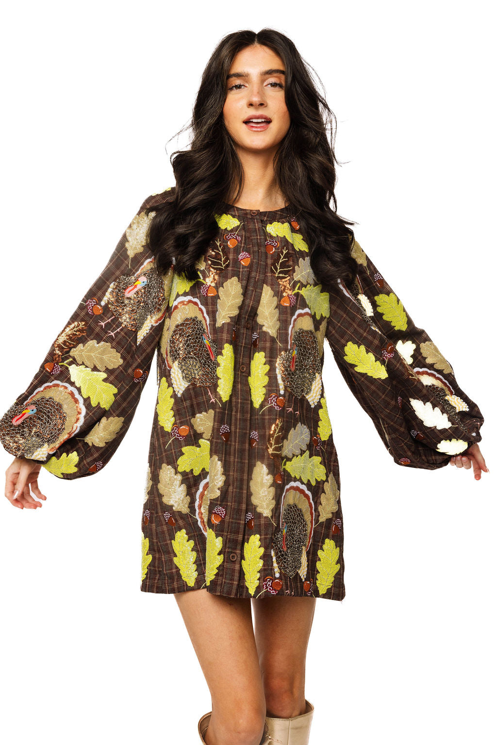Brown Plaid Turkey & Leaves Button Up Long Sleeve Dress