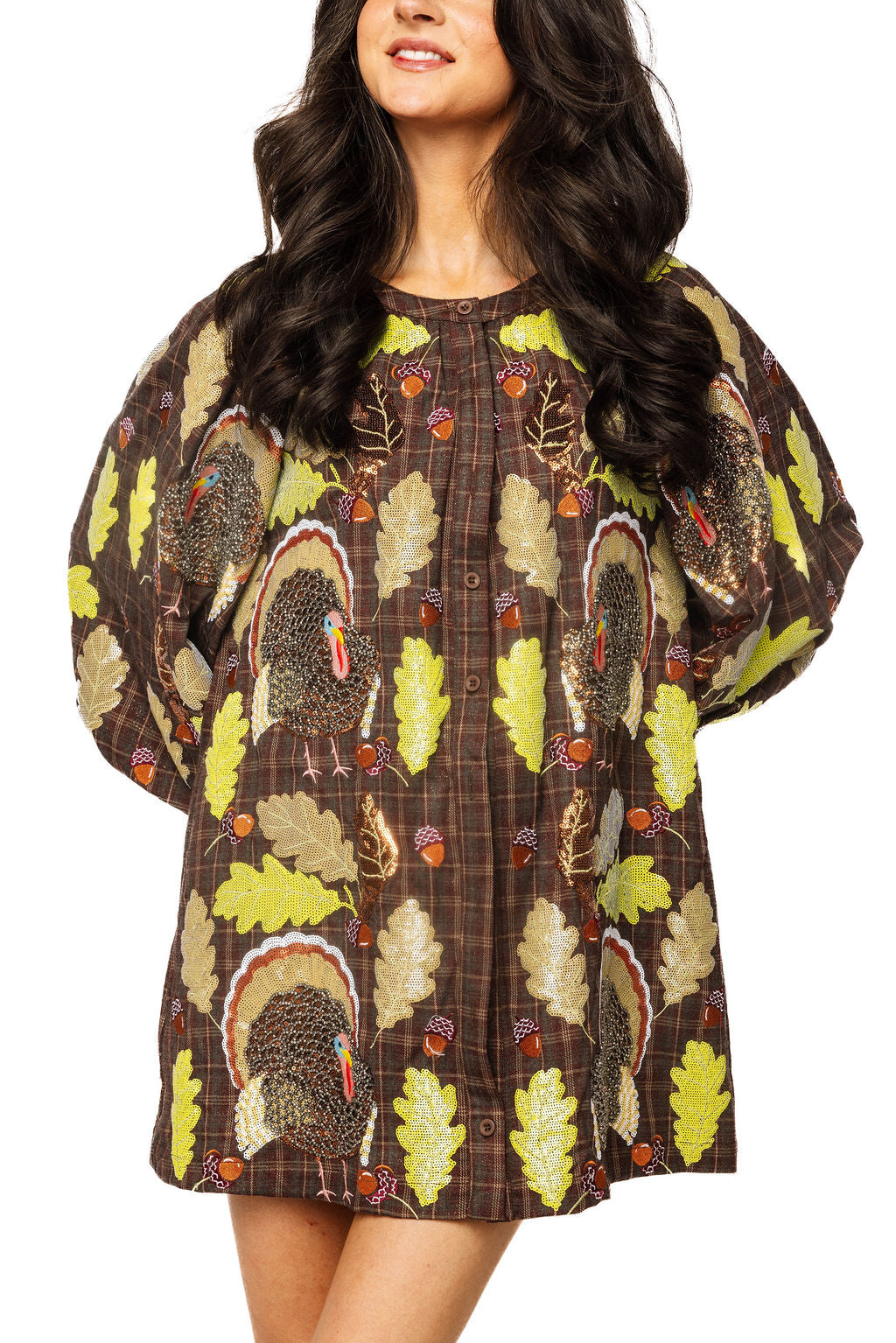 Brown Plaid Turkey & Leaves Button Up Long Sleeve Dress