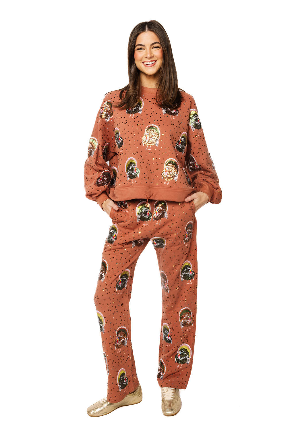 Rust Rhinestone Scattered Turkey Sweat Pant