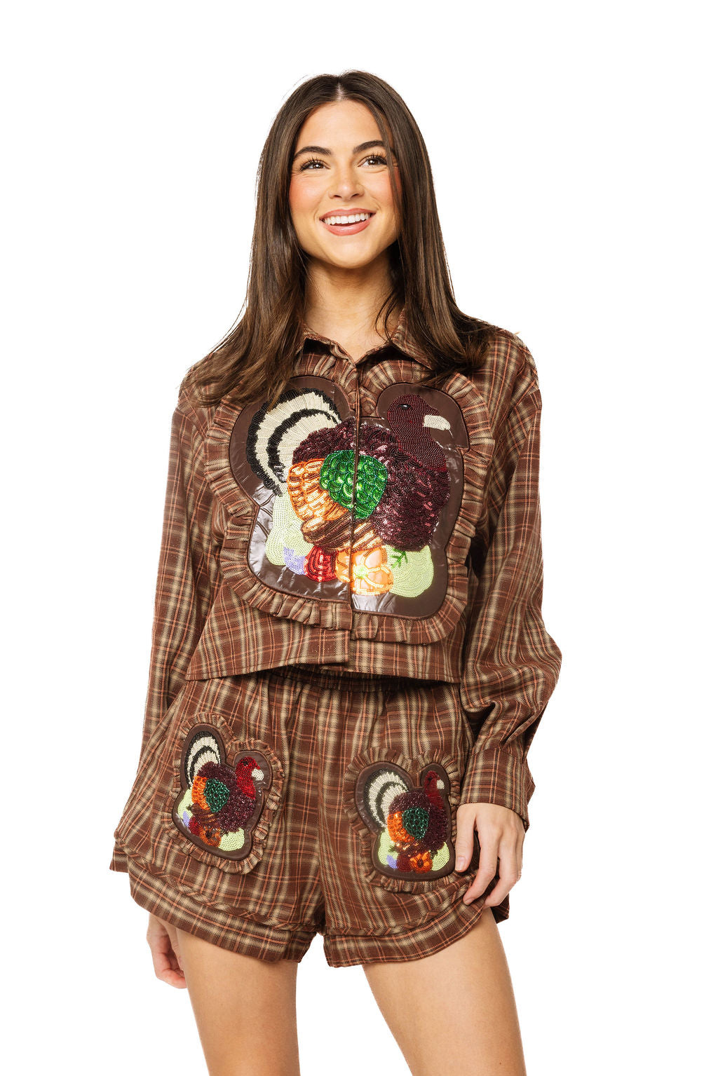 Brown Plaid Turkey Ruffle Patch Pocket Short