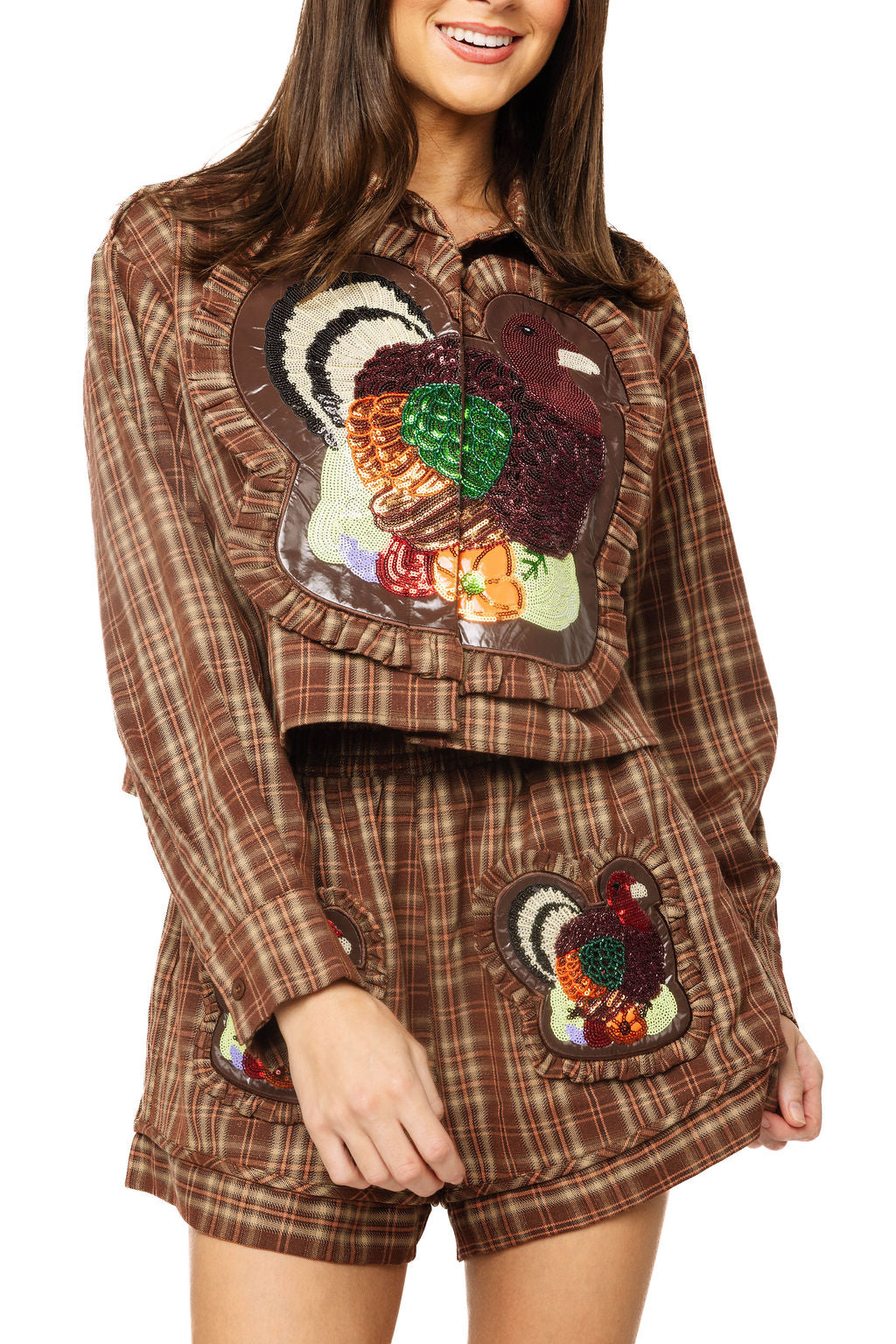 Brown Plaid Turkey Ruffle Patch Button Up Top