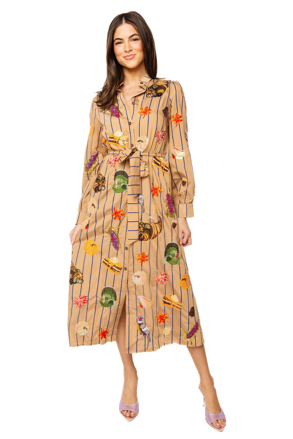Light Brown Striped Thanksgiving Icon Cotton Midi Tie Dress