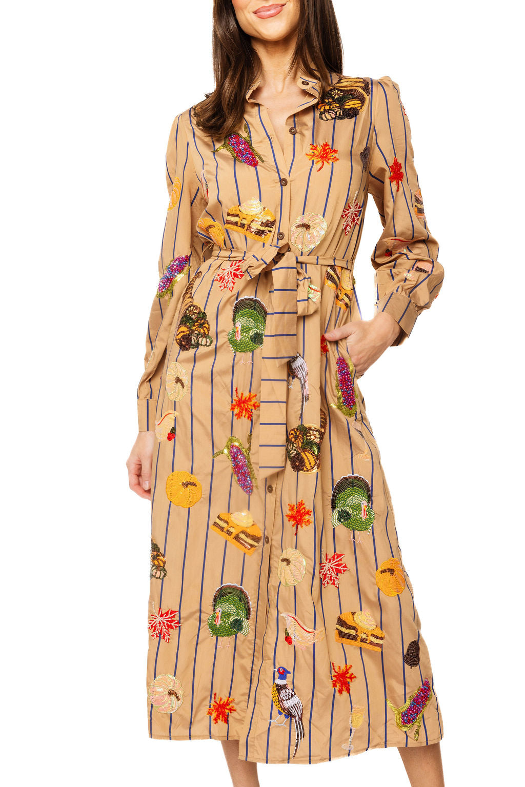 Light Brown Striped Thanksgiving Icon Cotton Midi Tie Dress