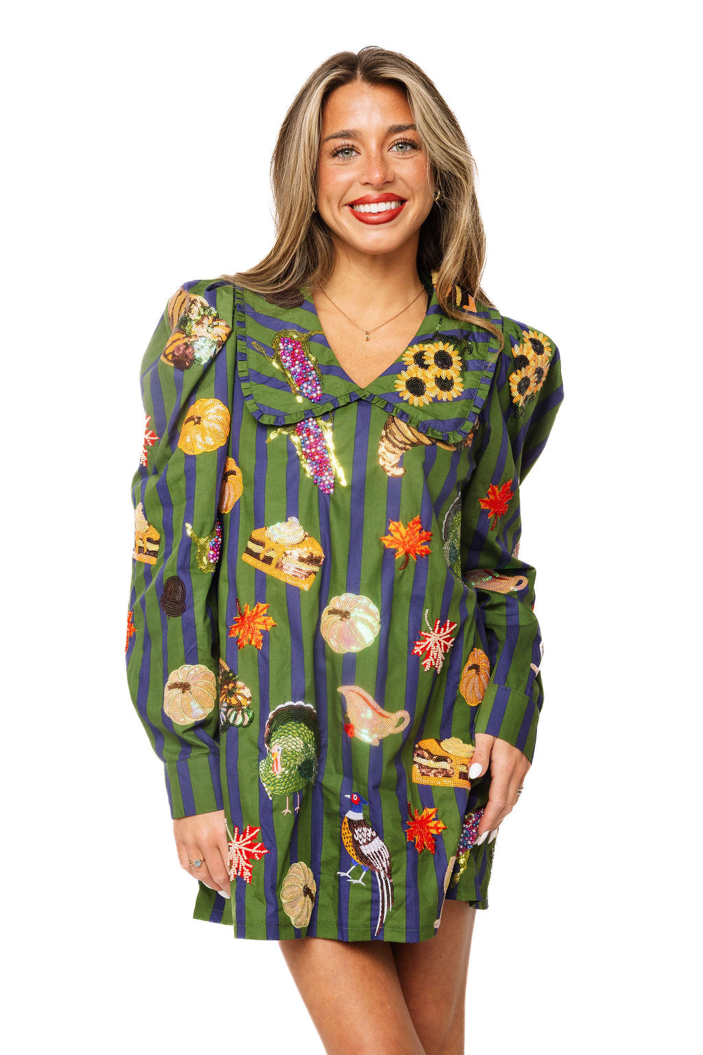 Dark Green & Blue Striped Thanksgiving Icon Collar Cotton Dress