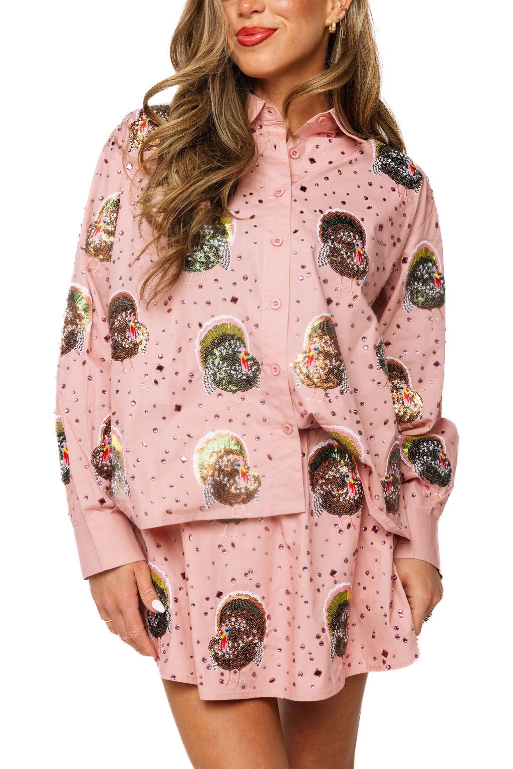 Peach Rhinestone Scattered Turkey Button Up Top
