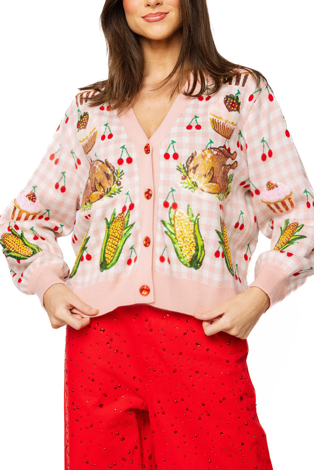 Light Pink Checkered Thanksgiving Dinner & Cherry Cardigan