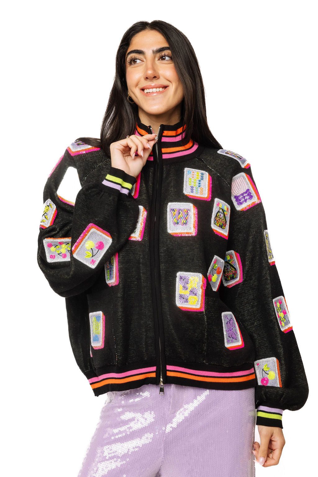 Black Mahjong Tile & Table Zip Up Mock Neck Sweater