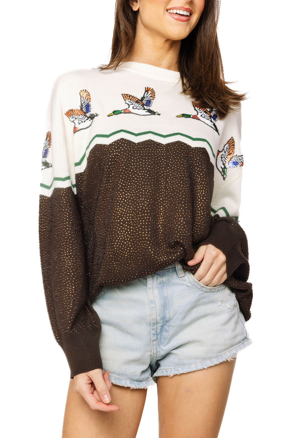 Brown & Ivory Colorblock Duck Rhinestone Sweater