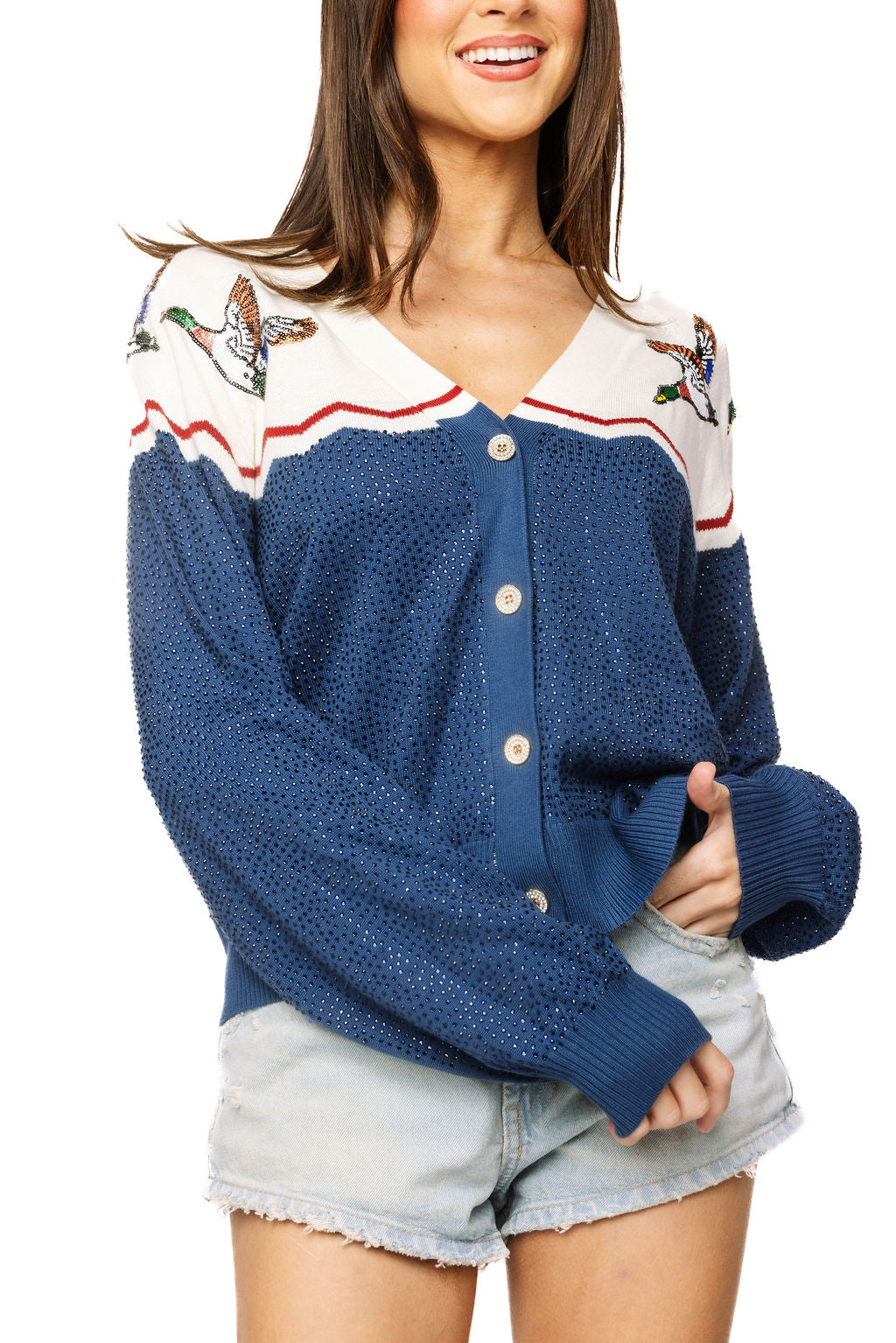 Blue & Ivory Colorblock Duck Rhinestone Cardigan
