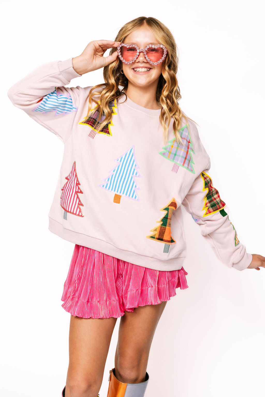 Kids Light Pink Multi Plaid & Stripe Christmas Tree Sweatshirt