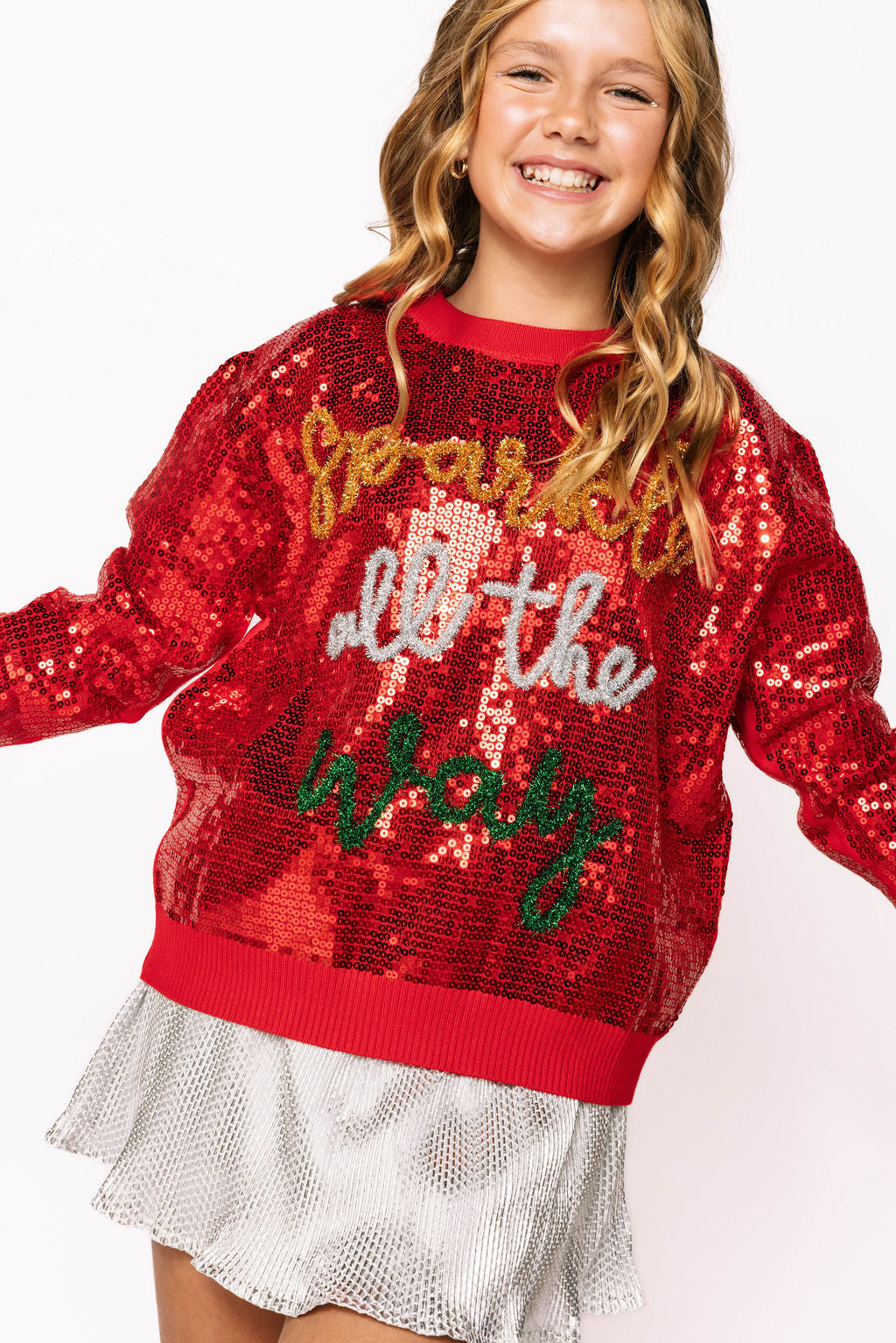 Kids Full Sequin Sparkle All the Way Red Sparkle Sweater