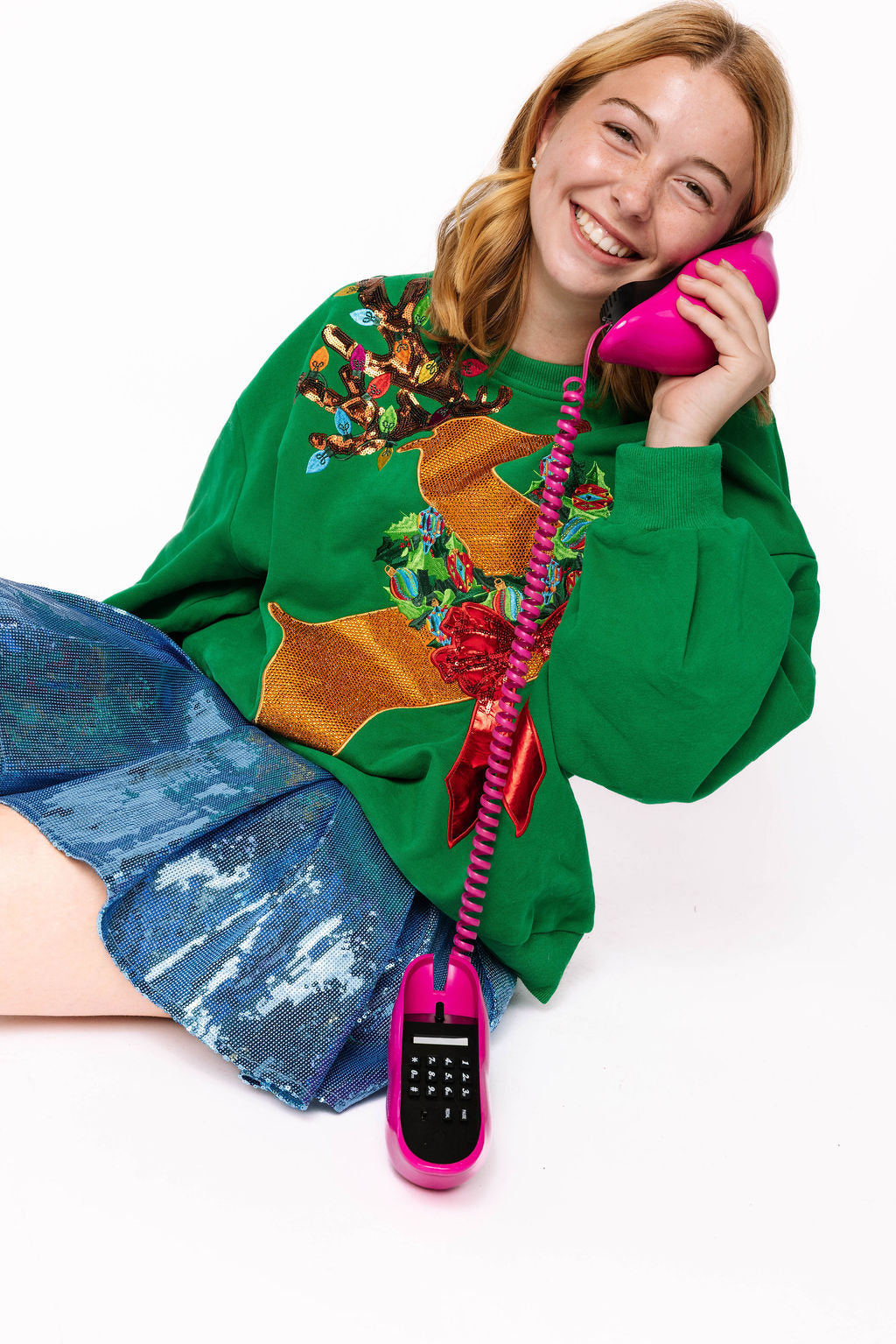 Kids Green Rhinestone Rudolph Wearing a Wreath Sweatshirt