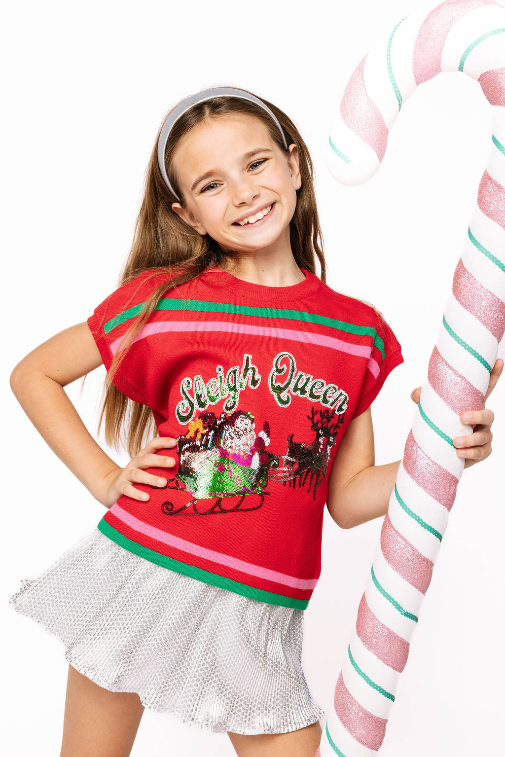 Kids Red, Green & Pink 'Sleigh Queen' Stripe Top