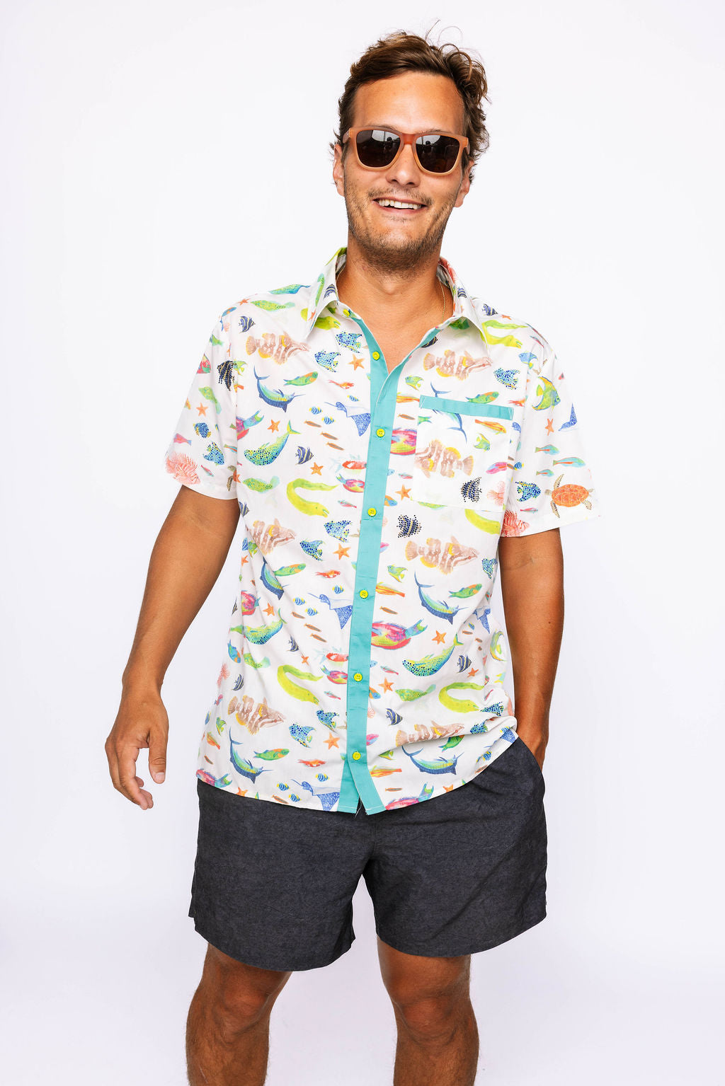 Men's Under the Sea Short Sleeve Button Up Collar Shirt