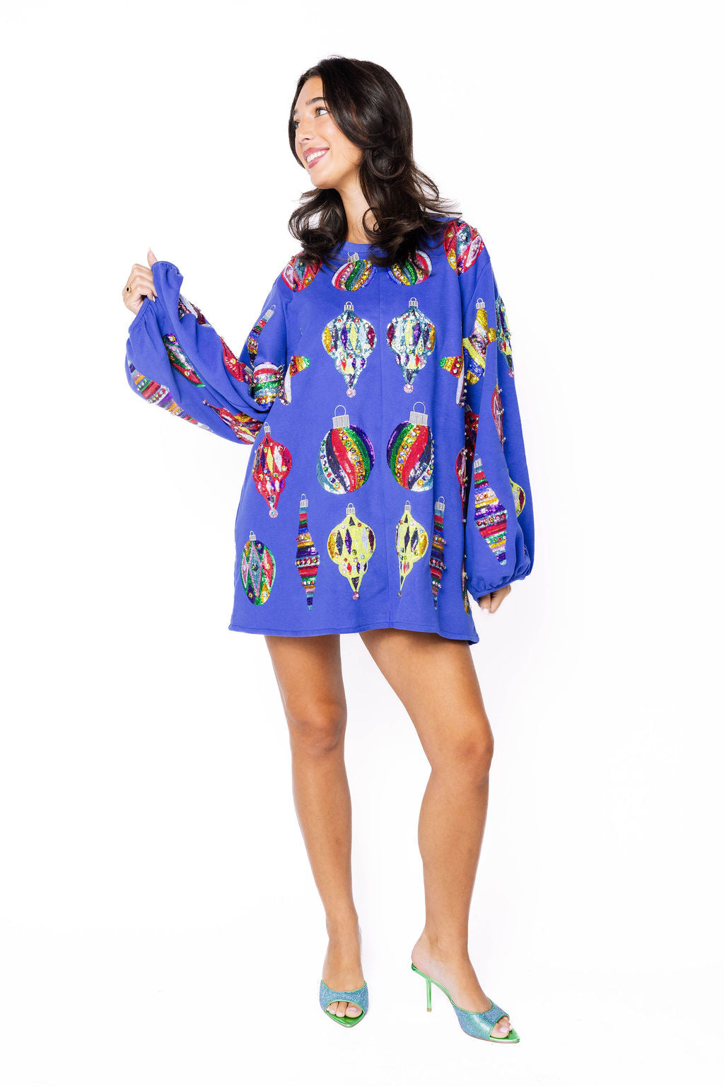 Blue Multi Color Ornaments Balloon Sleeve Dress