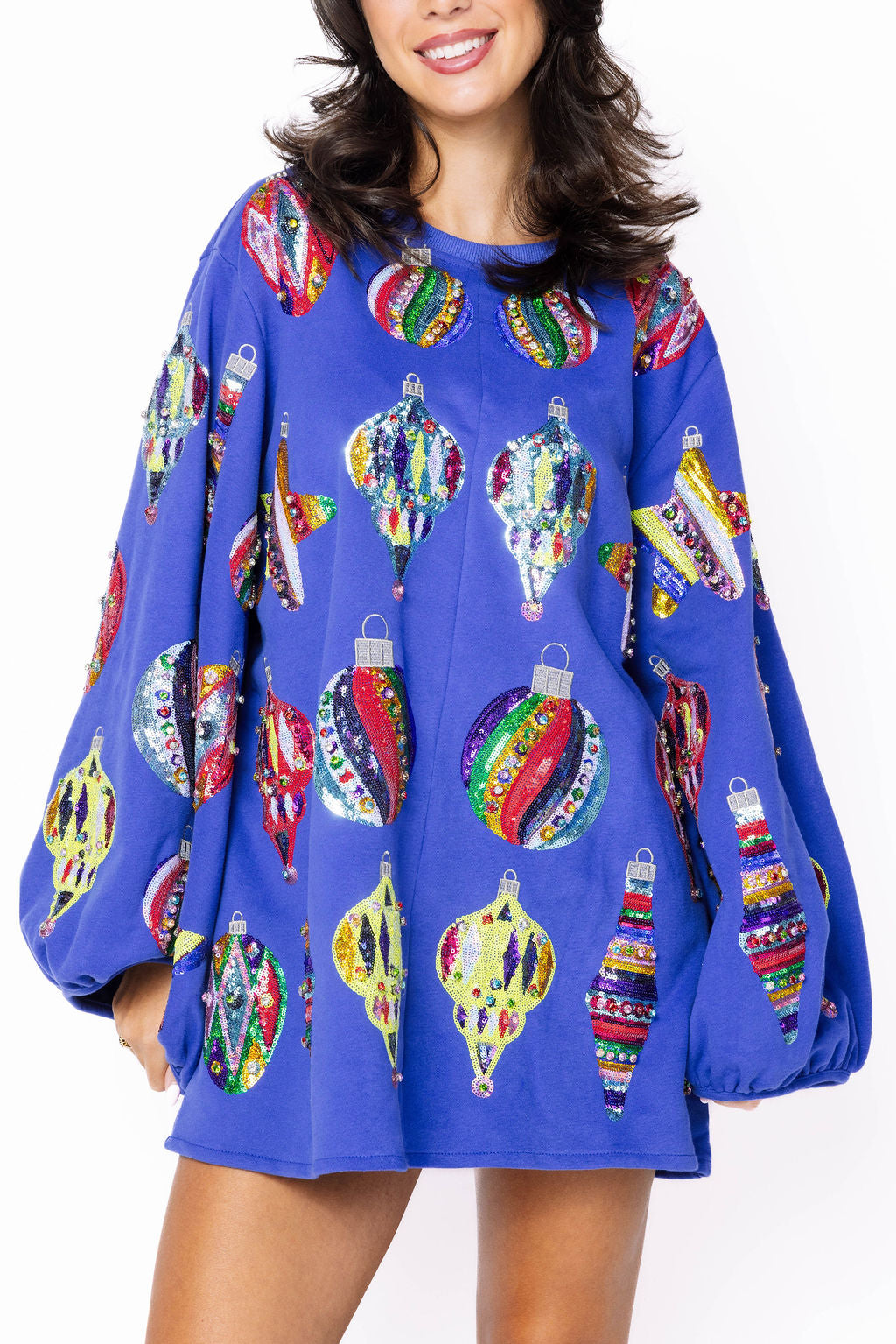 Blue Multi Color Ornaments Balloon Sleeve Dress