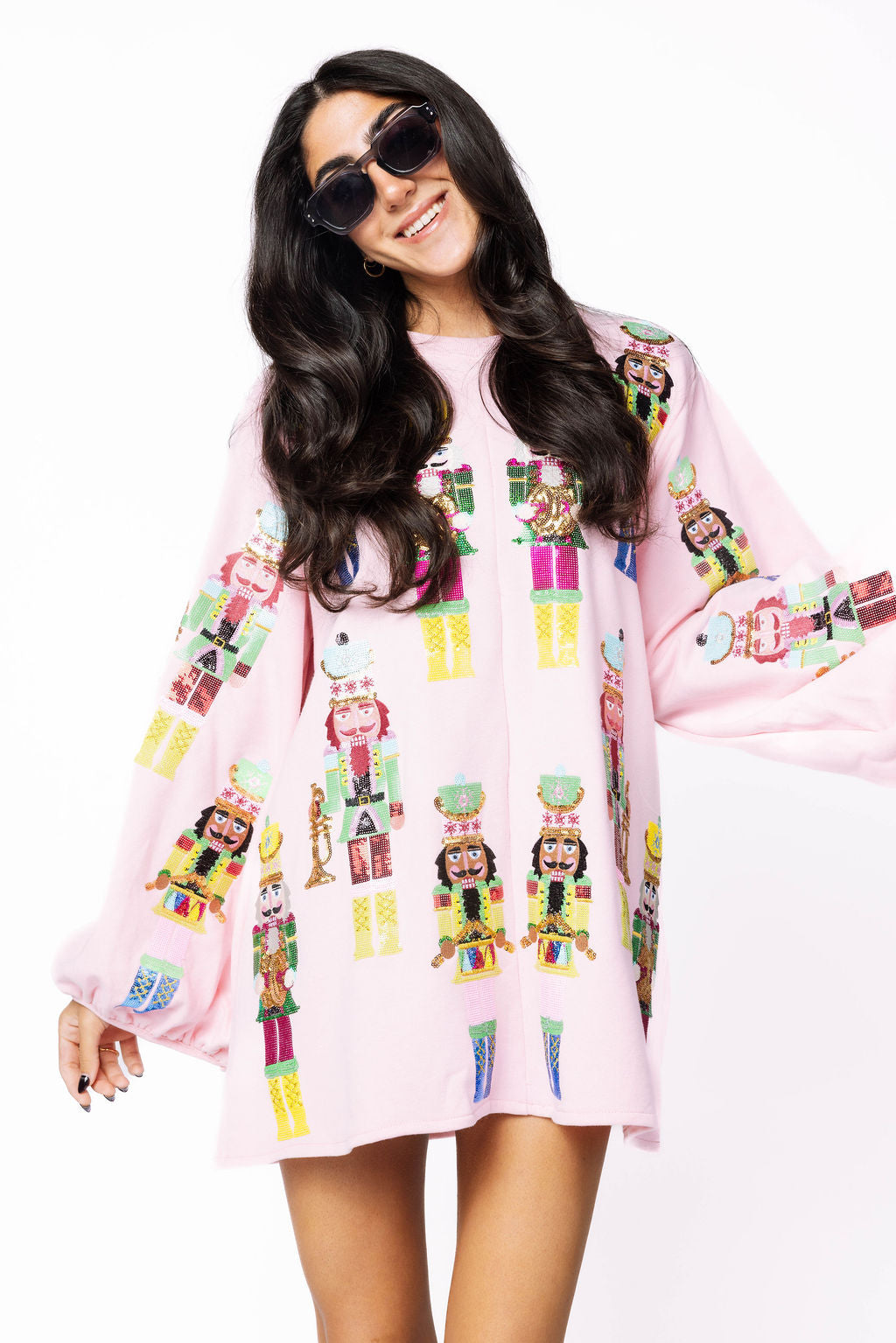 Light Pink Nutcracker Band Balloon Sleeve Sweatshirt Dress